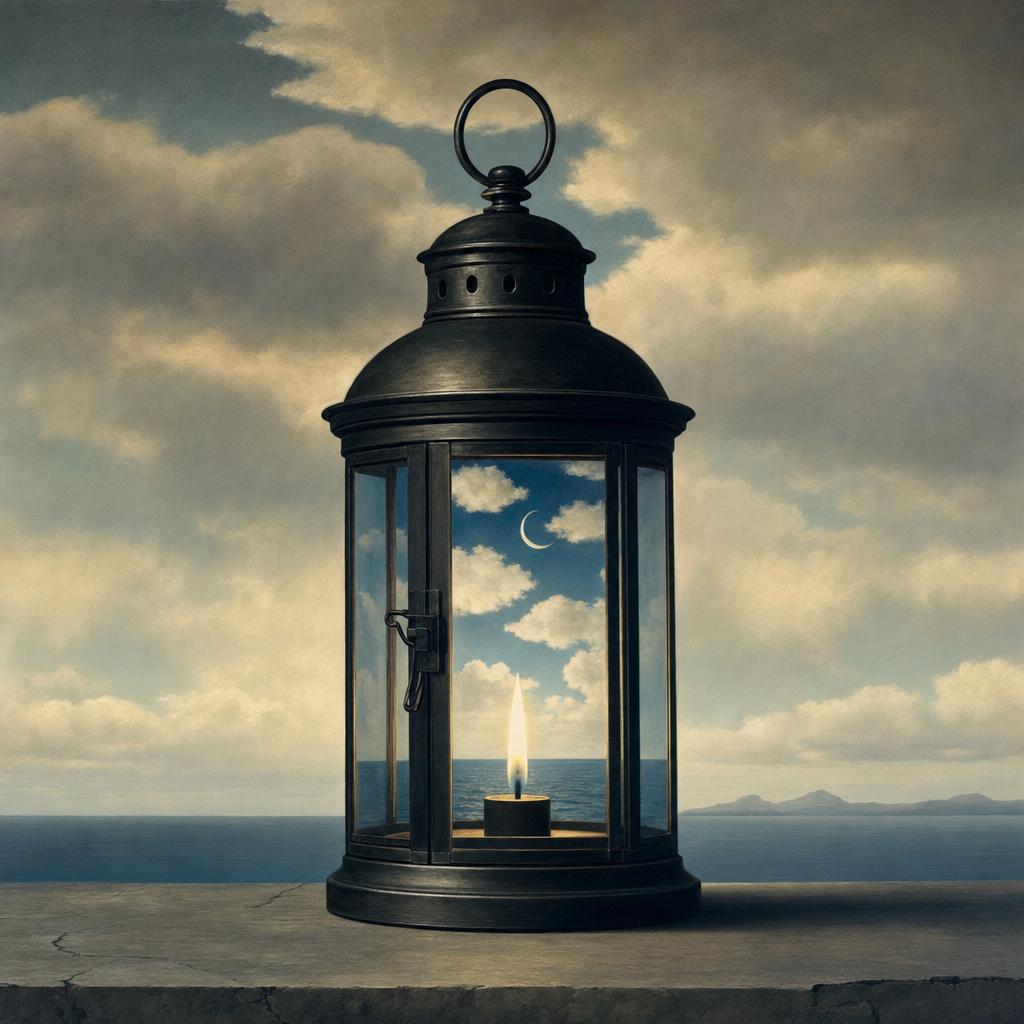 surrealist painting in the style of Magritte of a lantern
