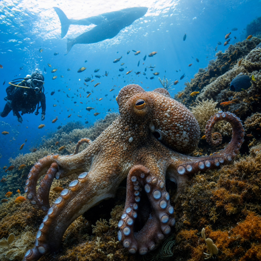 macro nature photography of an octopus. make it super realistic with an interesting environment with lots of fish, maybe some whale in the background. maybe a scuba diver around too. Make it super interesting and pleasing to look at with lots of detail