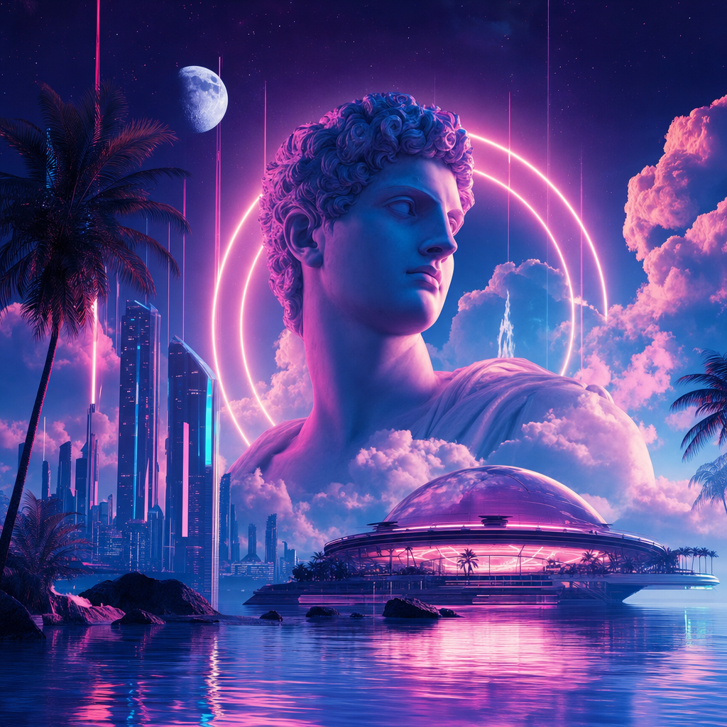 vaporwave digital art - Look up what's trending in the world right this moment - Generate an amazing and visually pleasing image. Makes you think a little bit, something a true creative would admire