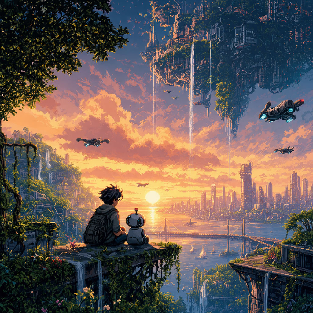 pixel art in 32-bit era style - Look up what's trending in the world right this moment - Generate an amazing and visually pleasing image. Makes you think a little bit, something a true creative would admire.