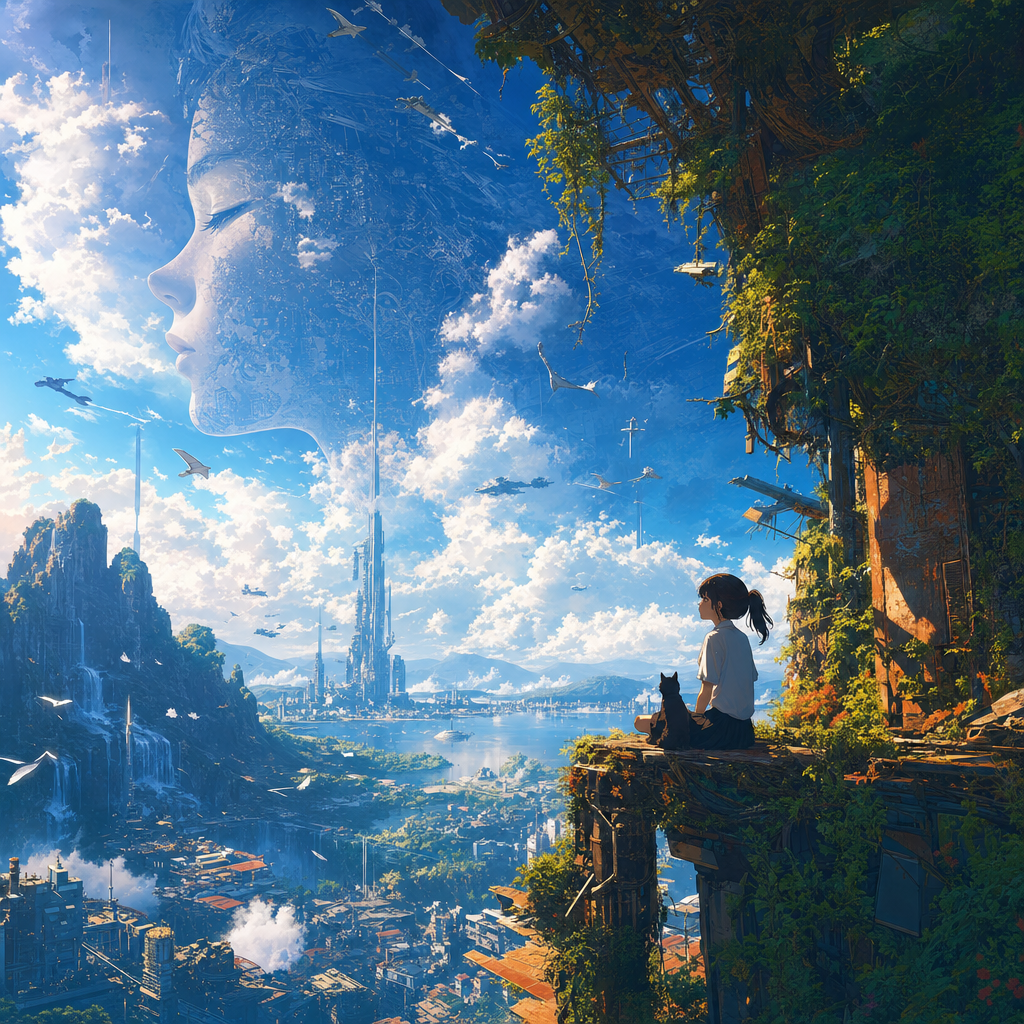 modern anime key visual with vibrant colors - Look up what's trending in the world right this moment - Generate an amazing and visually pleasing image. Makes you think a little bit, something a true creative would admire.