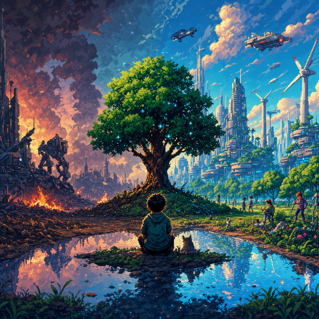 pixel art in 32-bit era style - Look up what's trending in the world right this moment - Generate an amazing and visually pleasing image. Makes you think a little bit, something a true creative would admire.