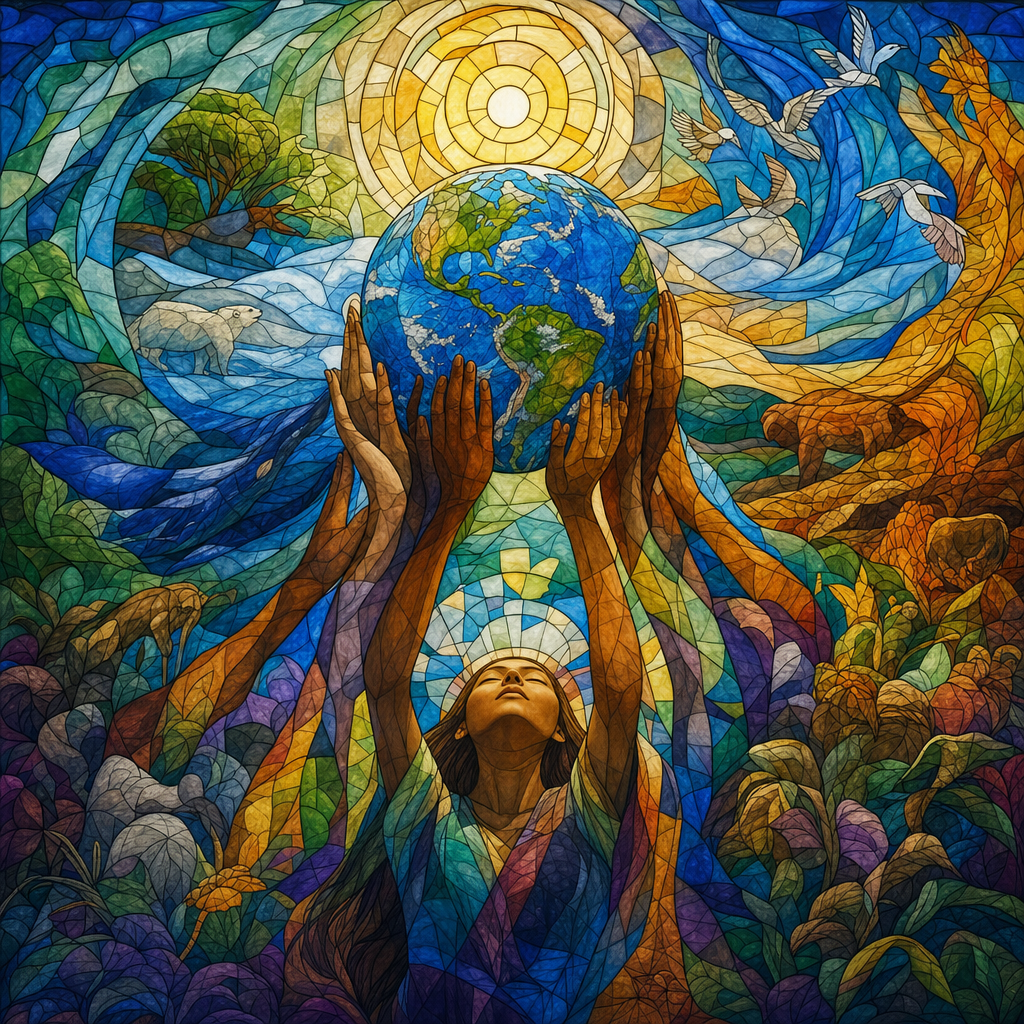 stained glass artwork - Look up what's trending in the world right this moment - Generate an amazing and visually pleasing image. Makes you think a little bit, something a true creative would admire.