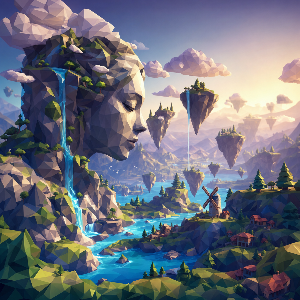 low-poly 3D art - completely random topic - Generate an amazing and visually pleasing image. Makes you think a little bit, something a true creative would admire.