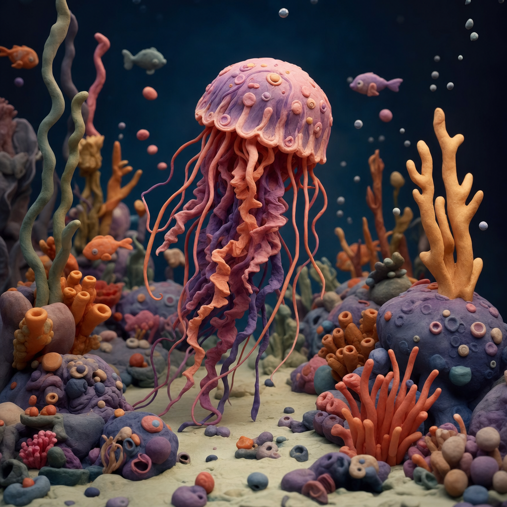 claymation diorama - jellyfish - Generate an amazing and visually pleasing image. Makes you think a little bit, something a true creative would admire.