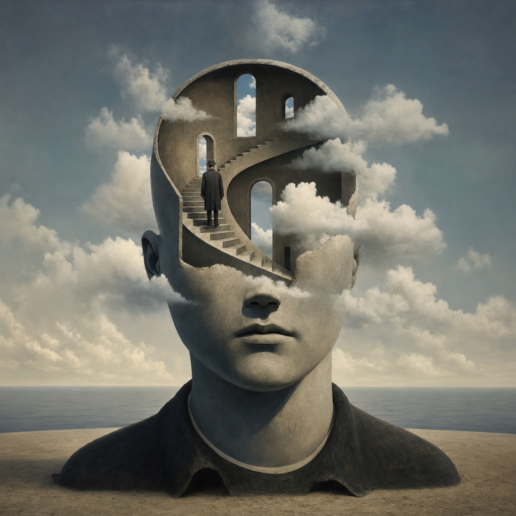 surrealist painting in the style of Magritte - Pick a random topic - Generate an amazing and visually pleasing image. Makes you think a little bit, something a true creative would admire.