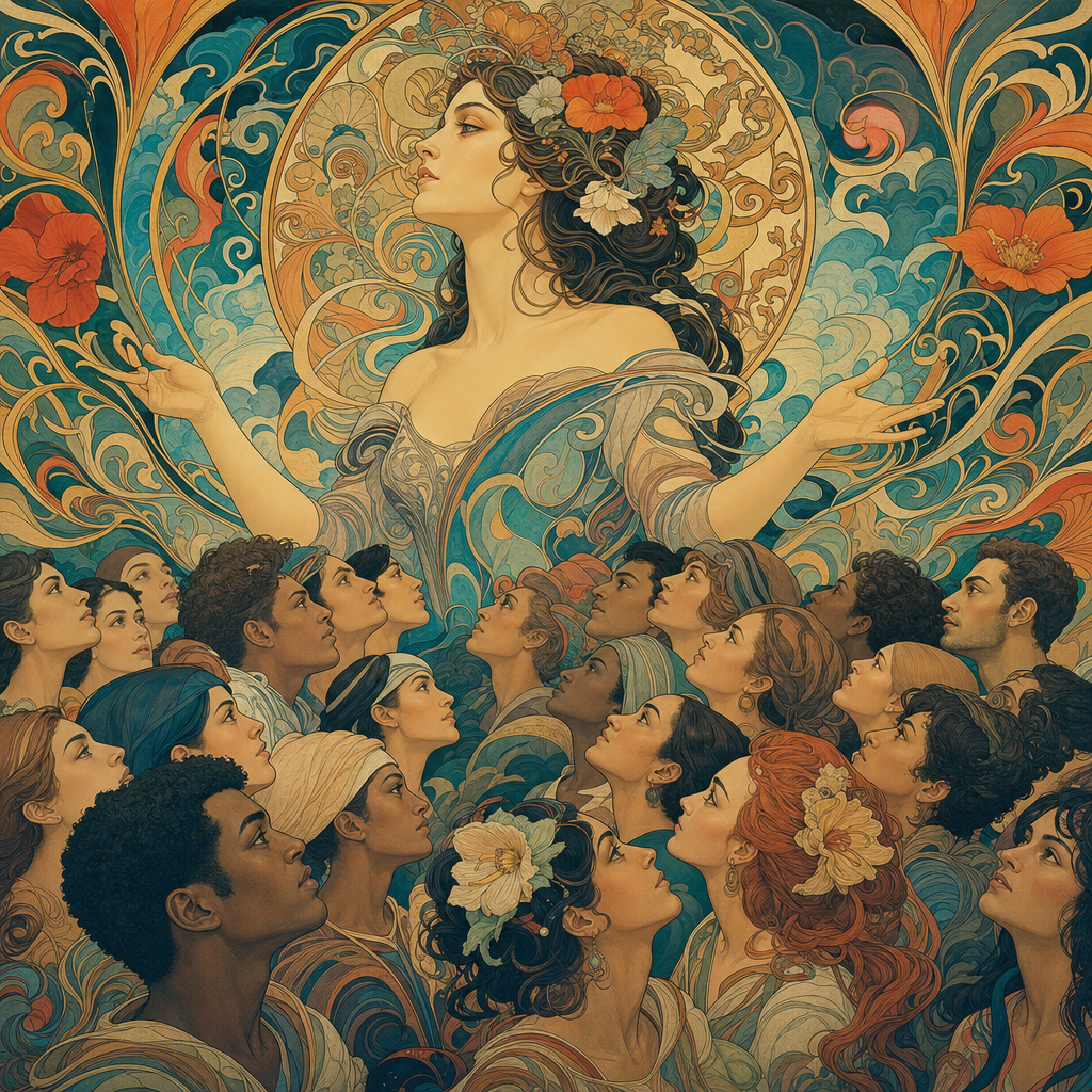 art nouveau poster - Lots of color, the topic is audience - Generate an amazing and visually pleasing image. Makes you think a little bit, something a true creative would admire.