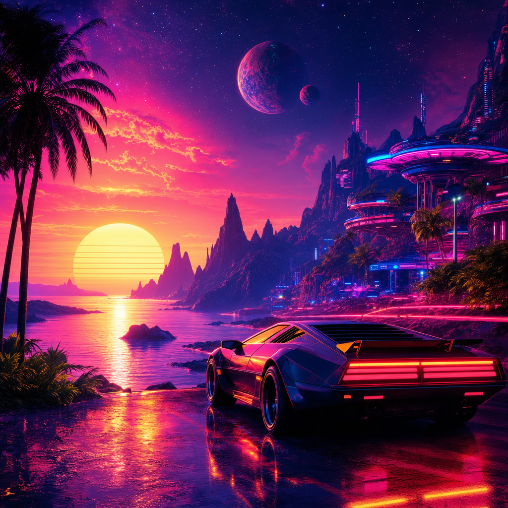 neon synthwave artwork - topic: undefined - Generate an amazing and visually pleasing image.