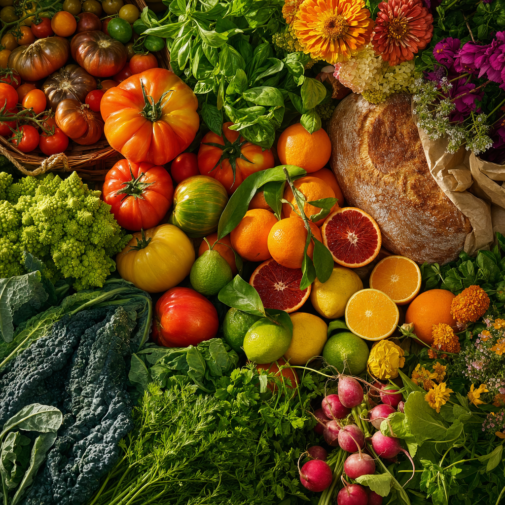 A flat-lay of market produce: heirloom tomatoes, citrus, greens, flowers and bread, rendered in rich golden tones. Square 1:1 composition, edge-to-edge detail, no large uniform or empty areas, high local color contrast in every region -- image will be cut into a 5x5 grid puzzle.