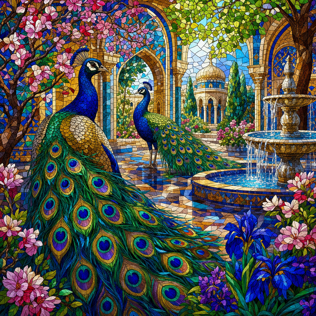 Stained Glass of Peacocks displaying iridescent tails in a palace courtyard with tiles and fountains, in fresh spring light with blossoms and new green. Square 1:1 composition, edge-to-edge detail, no large uniform or empty areas, high local color contrast in every region -- image will be cut into a 5x5 grid puzzle.