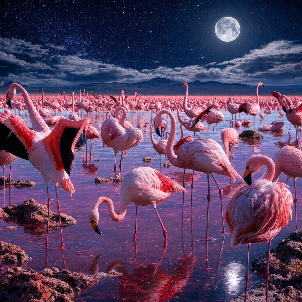Vivid Photography of A shallow pink lagoon packed with flamingos in every pose, reflections doubling the flock, under a starry midnight sky with moonlit highlights. Square 1:1 composition, edge-to-edge detail, no large uniform or empty areas, high local color contrast in every region -- image will be cut into a 5x5 grid puzzle.