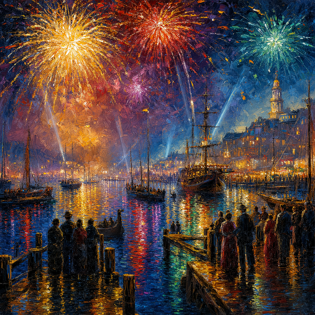 Oil Impasto of Fireworks bursting over a harbor, reflections on water, silhouetted crowds on piers, wrapped in thin morning mist with beams of light. Square 1:1 composition, edge-to-edge detail, no large uniform or empty areas, high local color contrast in every region -- image will be cut into a 5x5 grid puzzle.