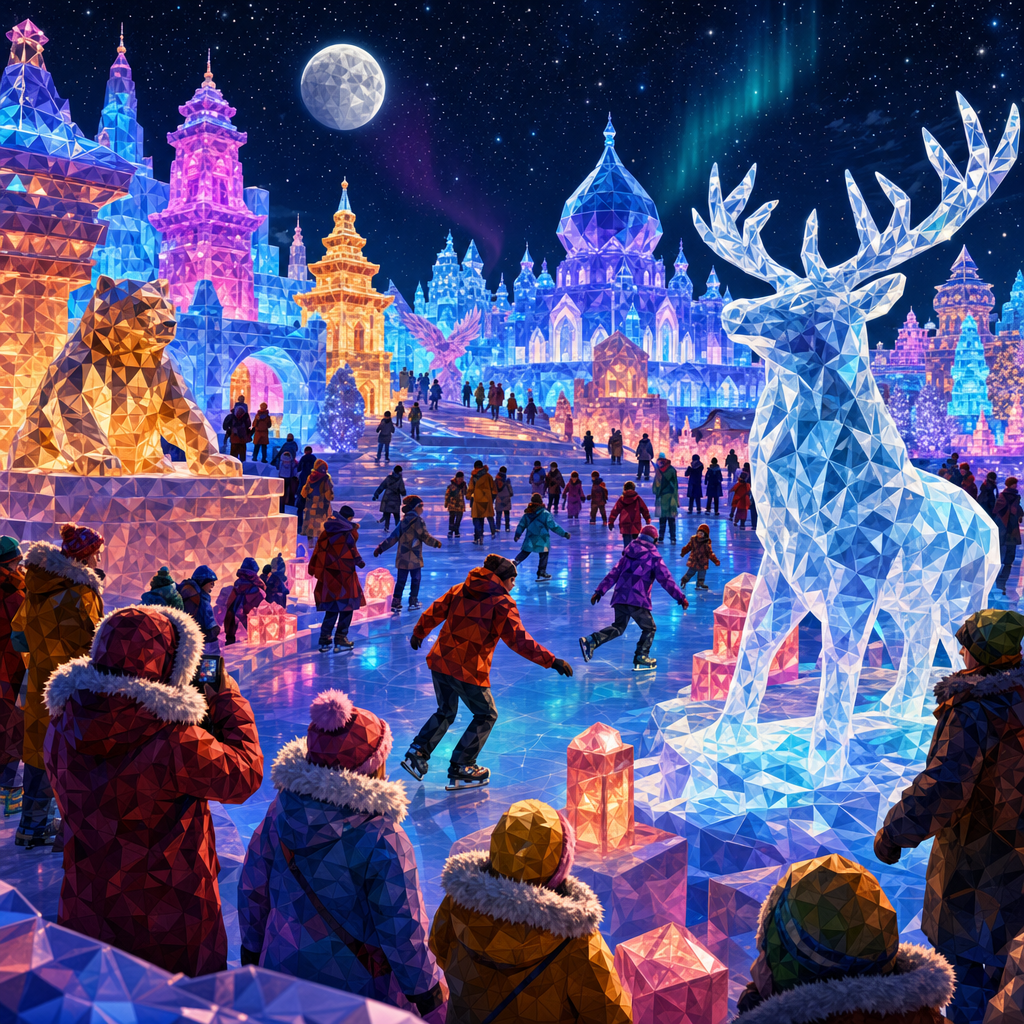 Low-Poly 3D of An ice festival of carved glowing sculptures, skaters and fur-hatted crowds, under a starry midnight sky with moonlit highlights. Square 1:1 composition, edge-to-edge detail, no large uniform or empty areas, high local color contrast in every region -- image will be cut into a 5x5 grid puzzle.