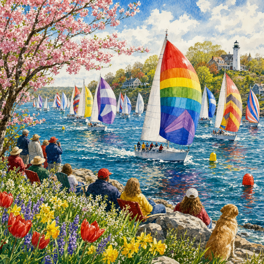 Watercolor of Sailboats with rainbow spinnakers racing across a bay, spectators and buoys, in fresh spring light with blossoms and new green. Square 1:1 composition, edge-to-edge detail, no large uniform or empty areas, high local color contrast in every region -- image will be cut into a 5x5 grid puzzle.