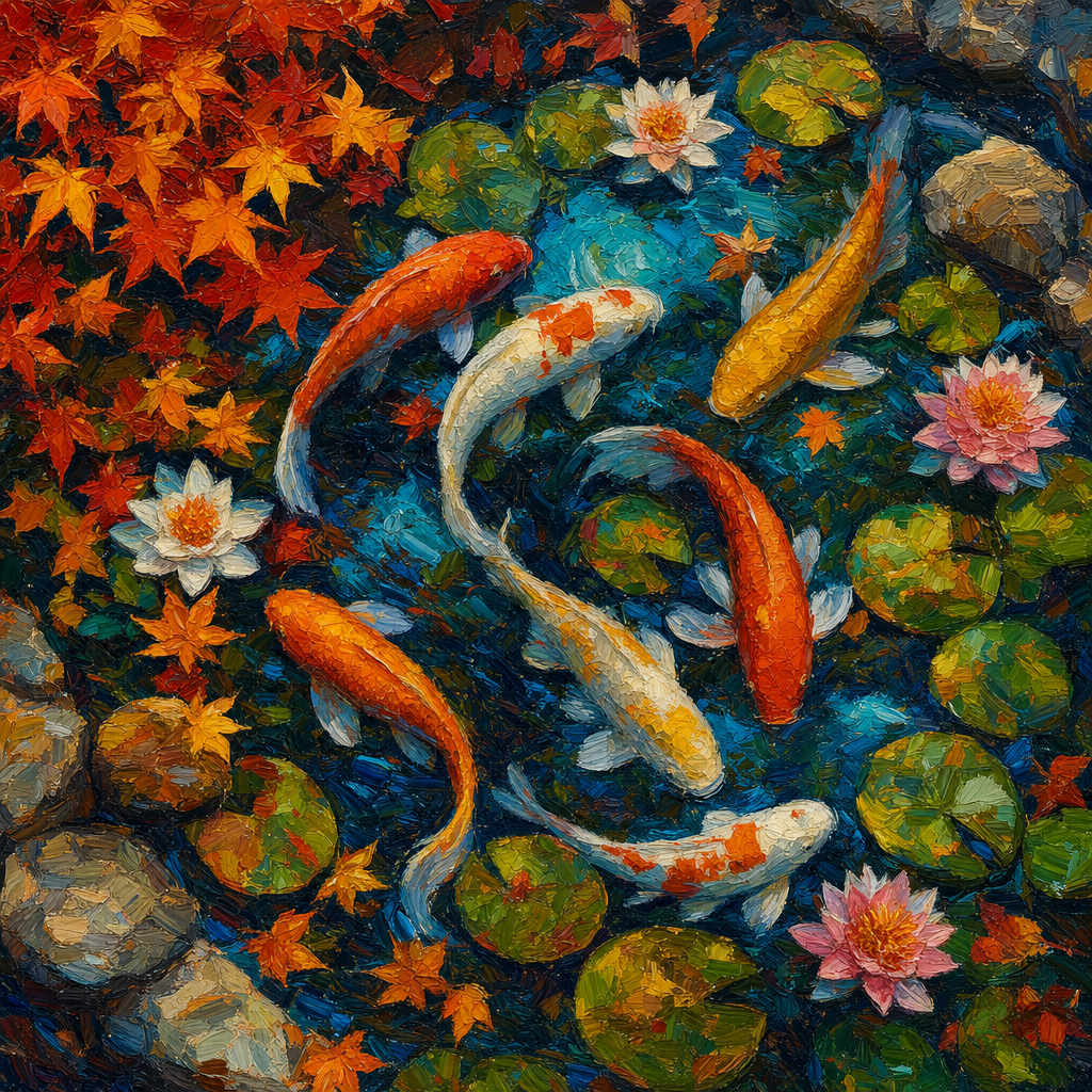 Oil Impasto of An overhead view of a koi pond with orange, white and gold fish, lilies and maple leaves, in crisp autumn light with warm foliage accents. Square 1:1 composition, edge-to-edge detail, no large uniform or empty areas, high local color contrast in every region -- image will be cut into a 5x5 grid puzzle.