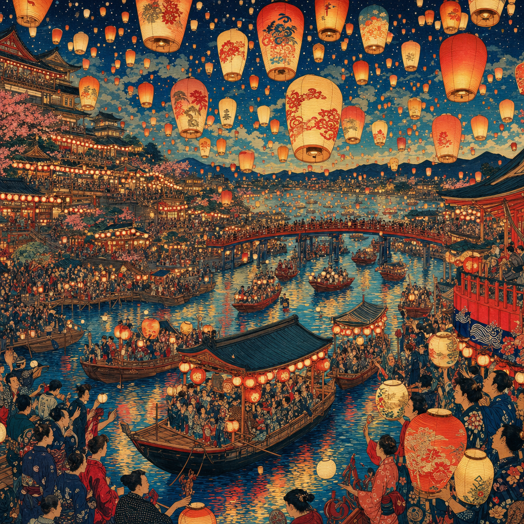 Ukiyo-e Woodblock of Hundreds of paper lanterns rising over a river with boats and celebrating crowds, at night lit by strings of festival lights. Square 1:1 composition, edge-to-edge detail, no large uniform or empty areas, high local color contrast in every region -- image will be cut into a 5x5 grid puzzle.