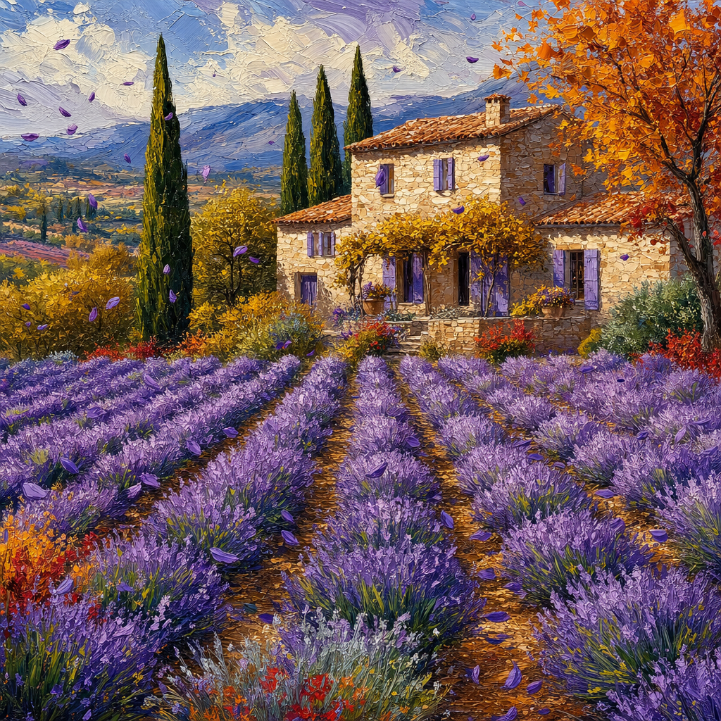Oil Impasto of Endless rows of purple lavender with a stone farmhouse, cypress trees and drifting petals, in crisp autumn light with warm foliage accents. Square 1:1 composition, edge-to-edge detail, no large uniform or empty areas, high local color contrast in every region -- image will be cut into a 5x5 grid puzzle.