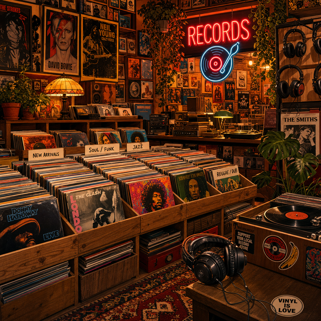 Flat Illustration of A record store with crates of colorful vinyl, posters, headphones and neon signage, in warm cozy amber light. Square 1:1 composition, edge-to-edge detail, no large uniform or empty areas, high local color contrast in every region -- image will be cut into a 5x5 grid puzzle.