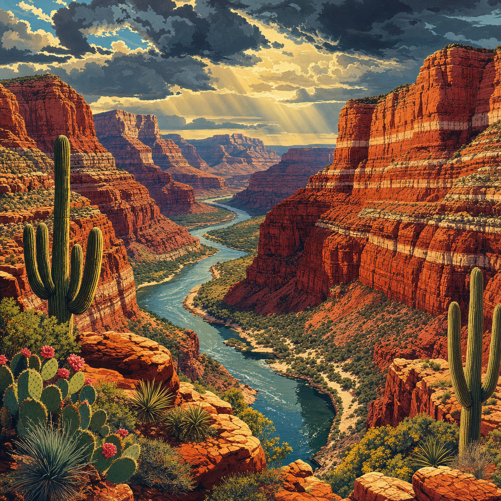 Retro Travel Poster of Layered red-rock canyon walls with striped sediment, cacti and a ribbon of river below, under dramatic storm clouds with breaks of brilliant sun. Square 1:1 composition, edge-to-edge detail, no large uniform or empty areas, high local color contrast in every region -- image will be cut into a 5x5 grid puzzle.