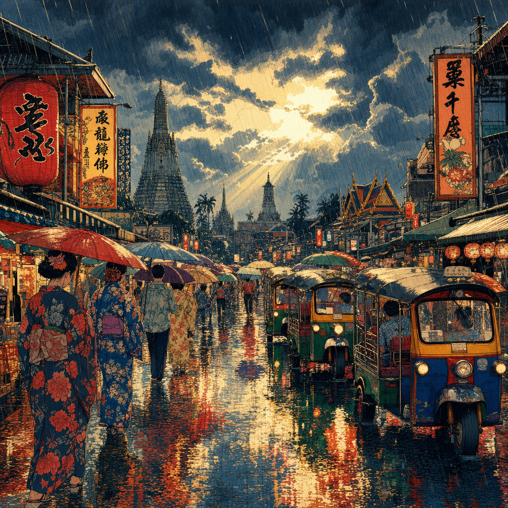 Ukiyo-e Woodblock of A rainy street of umbrellas, reflections in puddles, tuk-tuks and glowing shop signs, under dramatic storm clouds with breaks of brilliant sun. Square 1:1 composition, edge-to-edge detail, no large uniform or empty areas, high local color contrast in every region -- image will be cut into a 5x5 grid puzzle.