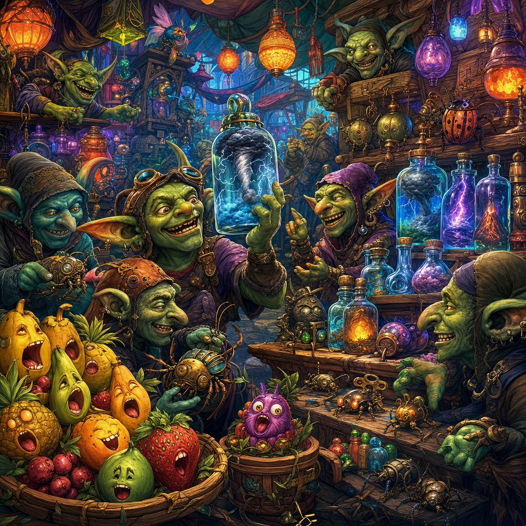 Gouache Storybook of A chaotic goblin bazaar of odd wares: bottled storms, singing fruit, clockwork bugs, accented with vivid neon color highlights. Square 1:1 composition, edge-to-edge detail, no large uniform or empty areas, high local color contrast in every region -- image will be cut into a 5x5 grid puzzle.