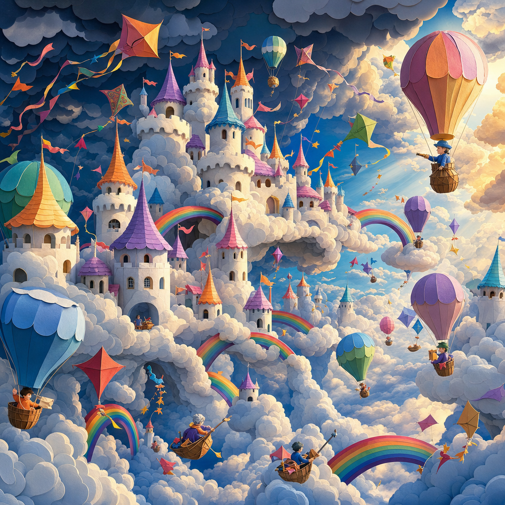 Paper Cutout of A castle built of clouds with rainbow bridges, kite traffic and balloon couriers, under dramatic storm clouds with breaks of brilliant sun. Square 1:1 composition, edge-to-edge detail, no large uniform or empty areas, high local color contrast in every region -- image will be cut into a 5x5 grid puzzle.