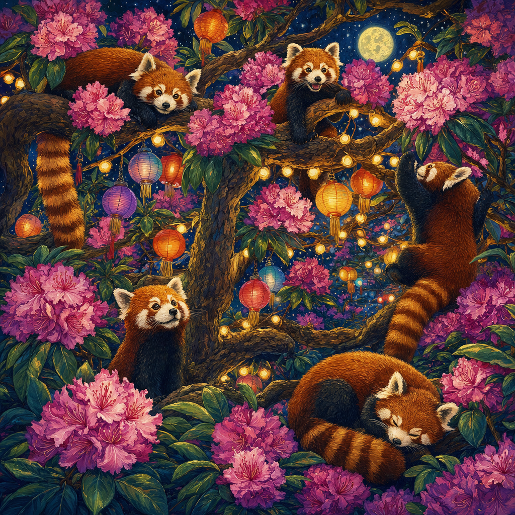 Gouache Storybook of Red pandas lounging and climbing through a rhododendron tree full of blossoms, at night lit by strings of festival lights. Square 1:1 composition, edge-to-edge detail, no large uniform or empty areas, high local color contrast in every region -- image will be cut into a 5x5 grid puzzle.