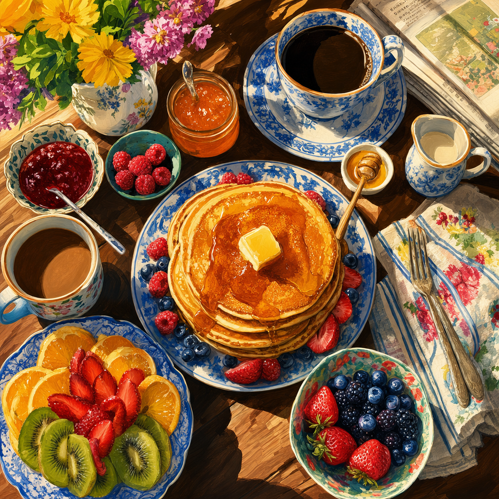 Gouache Storybook of An overhead breakfast of pancakes, fruit bowls, coffee, jams and folded newspapers, flooded with warm slanting sunlight. Square 1:1 composition, edge-to-edge detail, no large uniform or empty areas, high local color contrast in every region -- image will be cut into a 5x5 grid puzzle.