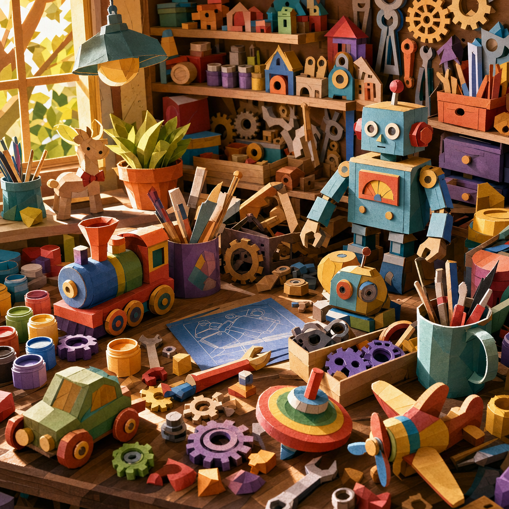 Paper Cutout of A toymaker's bench covered in wooden toys, paint pots, gears and half-built robots, flooded with warm slanting sunlight. Square 1:1 composition, edge-to-edge detail, no large uniform or empty areas, high local color contrast in every region -- image will be cut into a 5x5 grid puzzle.