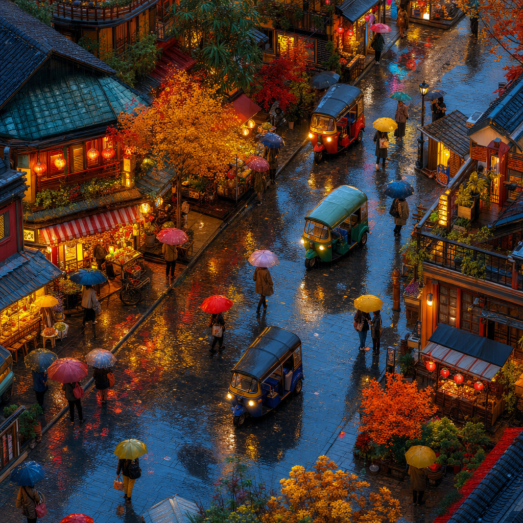 Isometric Diorama of A rainy street of umbrellas, reflections in puddles, tuk-tuks and glowing shop signs, in crisp autumn light with warm foliage accents. Square 1:1 composition, edge-to-edge detail, no large uniform or empty areas, high local color contrast in every region -- image will be cut into a 5x5 grid puzzle.