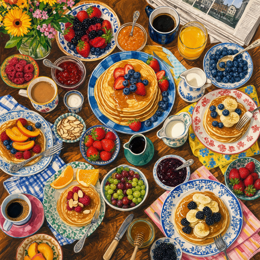 Gouache Storybook of An overhead breakfast of pancakes, fruit bowls, coffee, jams and folded newspapers, at its busiest, packed with lively detail. Square 1:1 composition, edge-to-edge detail, no large uniform or empty areas, high local color contrast in every region -- image will be cut into a 5x5 grid puzzle.