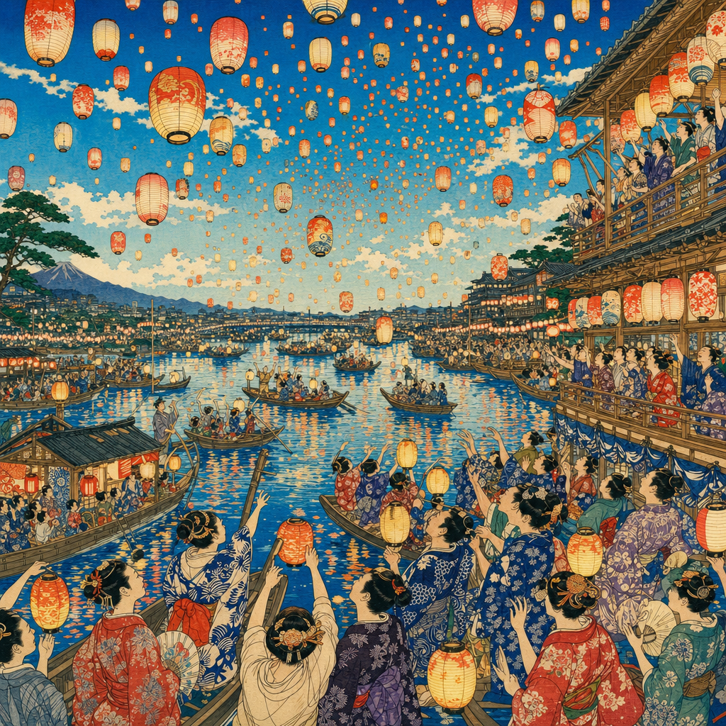 Ukiyo-e Woodblock of Hundreds of paper lanterns rising over a river with boats and celebrating crowds, in bright high-summer sunshine and saturated color. Square 1:1 composition, edge-to-edge detail, no large uniform or empty areas, high local color contrast in every region -- image will be cut into a 5x5 grid puzzle.