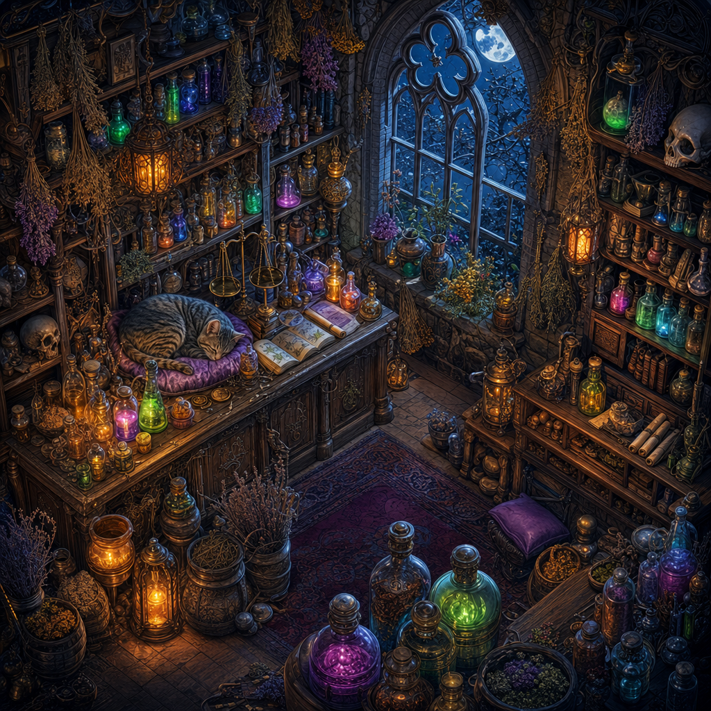 Isometric Diorama of An apothecary crammed with glowing bottles, dried herbs, scales, scrolls and a sleeping cat, washed in silvery moonlight with glowing accents. Square 1:1 composition, edge-to-edge detail, no large uniform or empty areas, high local color contrast in every region -- image will be cut into a 5x5 grid puzzle.