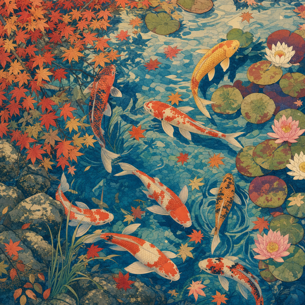 Ukiyo-e Woodblock of An overhead view of a koi pond with orange, white and gold fish, lilies and maple leaves, at soft pastel dawn with long cool shadows. Square 1:1 composition, edge-to-edge detail, no large uniform or empty areas, high local color contrast in every region -- image will be cut into a 5x5 grid puzzle.