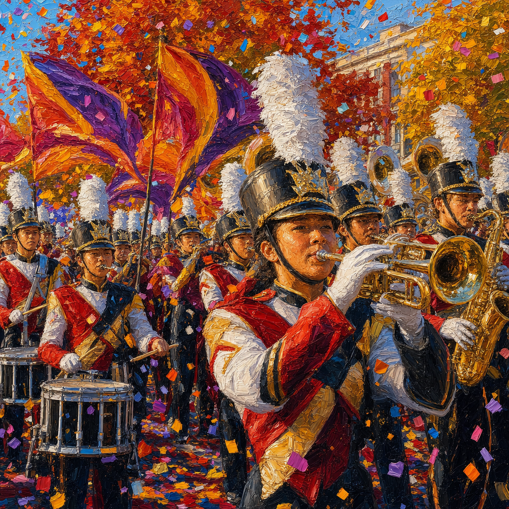 Oil Impasto of A marching band mid-performance: brass, drums, flags and confetti filling the frame, in crisp autumn light with warm foliage accents. Square 1:1 composition, edge-to-edge detail, no large uniform or empty areas, high local color contrast in every region -- image will be cut into a 5x5 grid puzzle.
