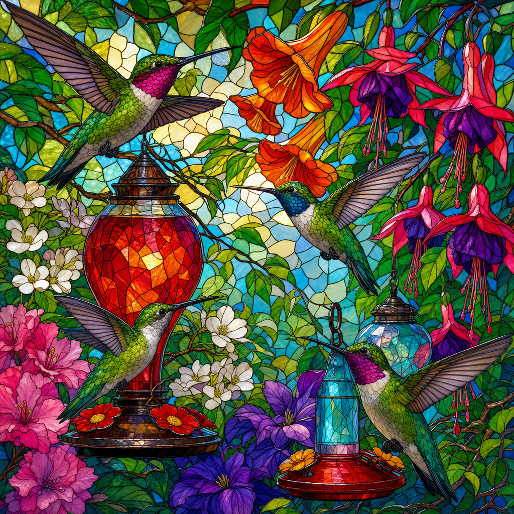 Stained Glass of Hummingbirds hovering among trumpet flowers, feeders and fuchsias in vivid motion, in fresh spring light with blossoms and new green. Square 1:1 composition, edge-to-edge detail, no large uniform or empty areas, high local color contrast in every region -- image will be cut into a 5x5 grid puzzle.