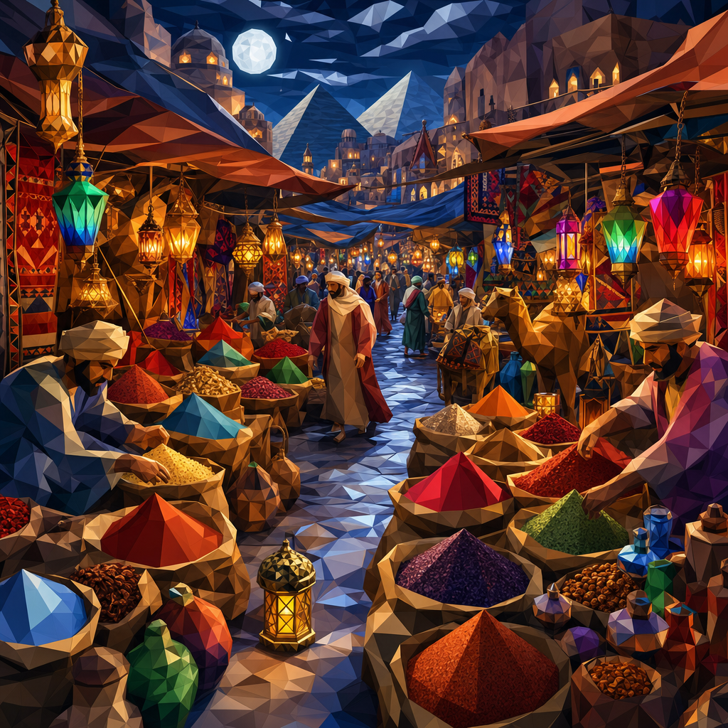 Low-Poly 3D of A covered bazaar with pyramids of colorful spices, hanging lamps, rugs and busy merchants, washed in silvery moonlight with glowing accents. Square 1:1 composition, edge-to-edge detail, no large uniform or empty areas, high local color contrast in every region -- image will be cut into a 5x5 grid puzzle.