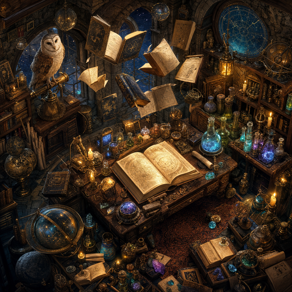 Isometric Diorama of A study of floating books, bubbling flasks, celestial maps and a familiar owl, aged and weathered with rich patina and warm light. Square 1:1 composition, edge-to-edge detail, no large uniform or empty areas, high local color contrast in every region -- image will be cut into a 5x5 grid puzzle.