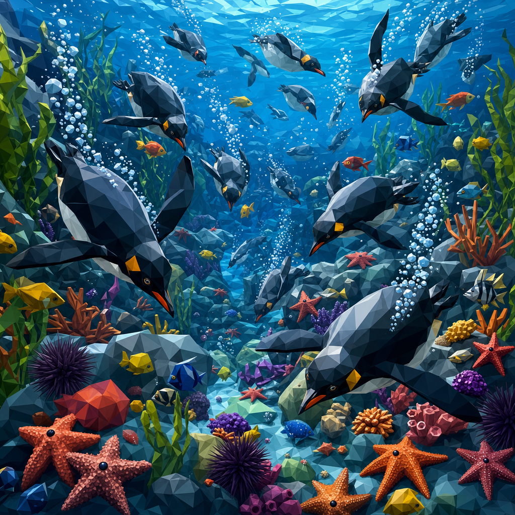 Low-Poly 3D of Penguins darting underwater through bubble trails above a rocky, starfish-covered seabed, at its busiest, packed with lively detail. Square 1:1 composition, edge-to-edge detail, no large uniform or empty areas, high local color contrast in every region -- image will be cut into a 5x5 grid puzzle.