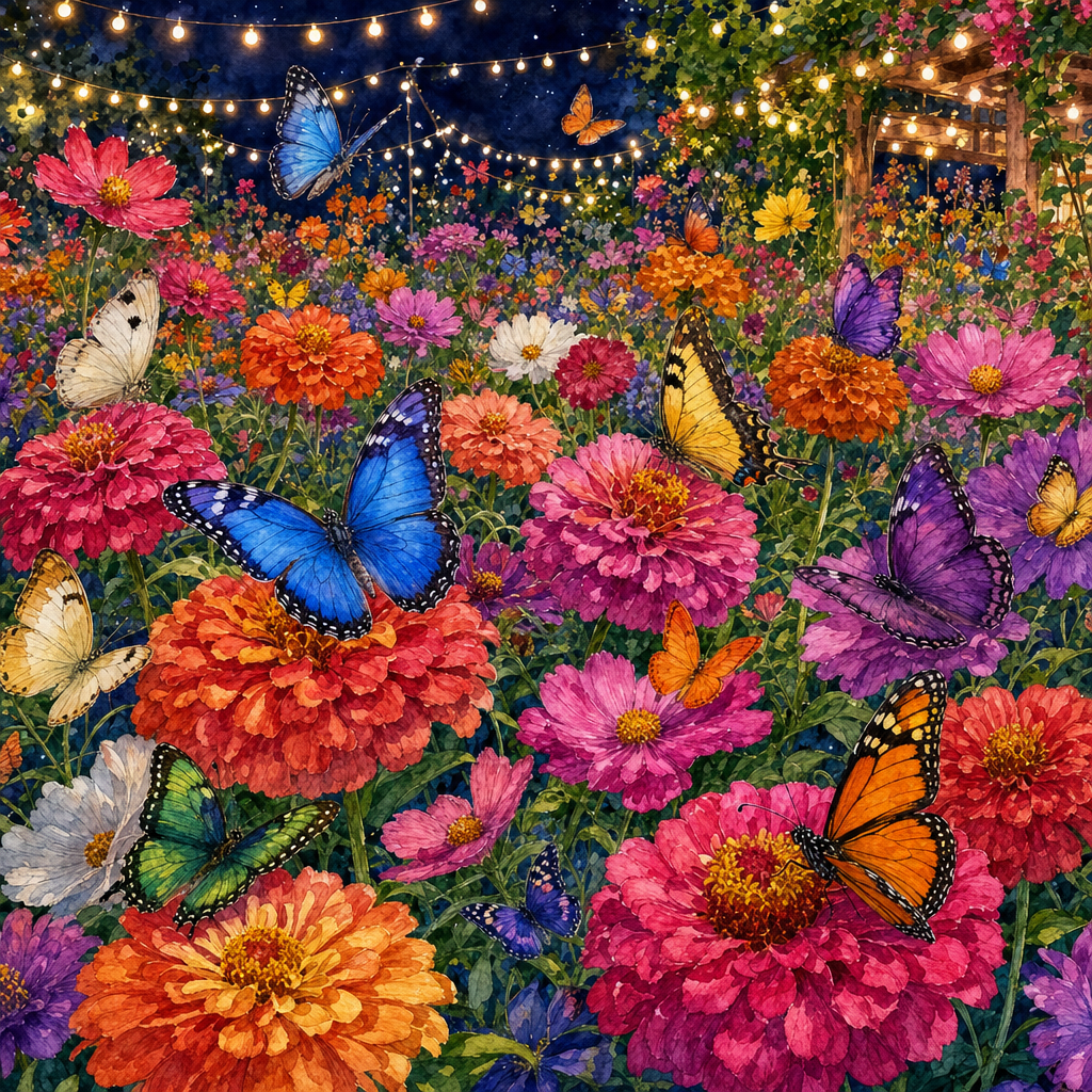 Watercolor of A garden bursting with butterflies of every color landing on zinnias and cosmos, at night lit by strings of festival lights. Square 1:1 composition, edge-to-edge detail, no large uniform or empty areas, high local color contrast in every region -- image will be cut into a 5x5 grid puzzle.