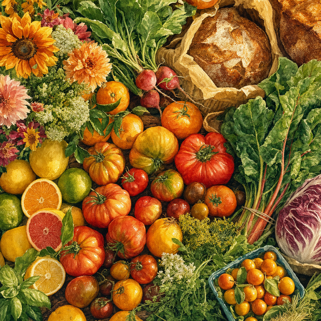 Watercolor of A flat-lay of market produce: heirloom tomatoes, citrus, greens, flowers and bread, in warm cozy amber light. Square 1:1 composition, edge-to-edge detail, no large uniform or empty areas, high local color contrast in every region -- image will be cut into a 5x5 grid puzzle.