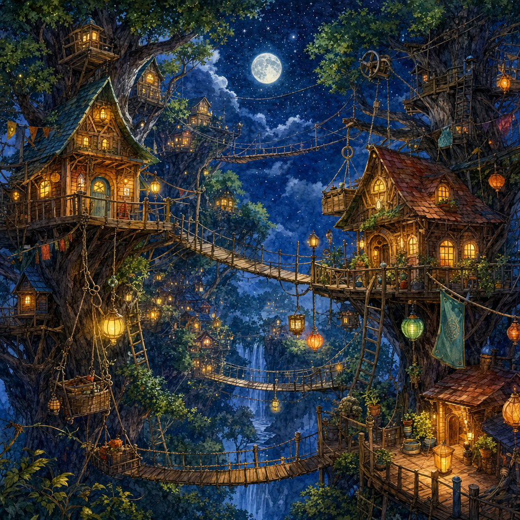 Watercolor of A village of treehouses connected by rope bridges, ladders, lanterns and pulleys, under a starry midnight sky with moonlit highlights. Square 1:1 composition, edge-to-edge detail, no large uniform or empty areas, high local color contrast in every region -- image will be cut into a 5x5 grid puzzle.