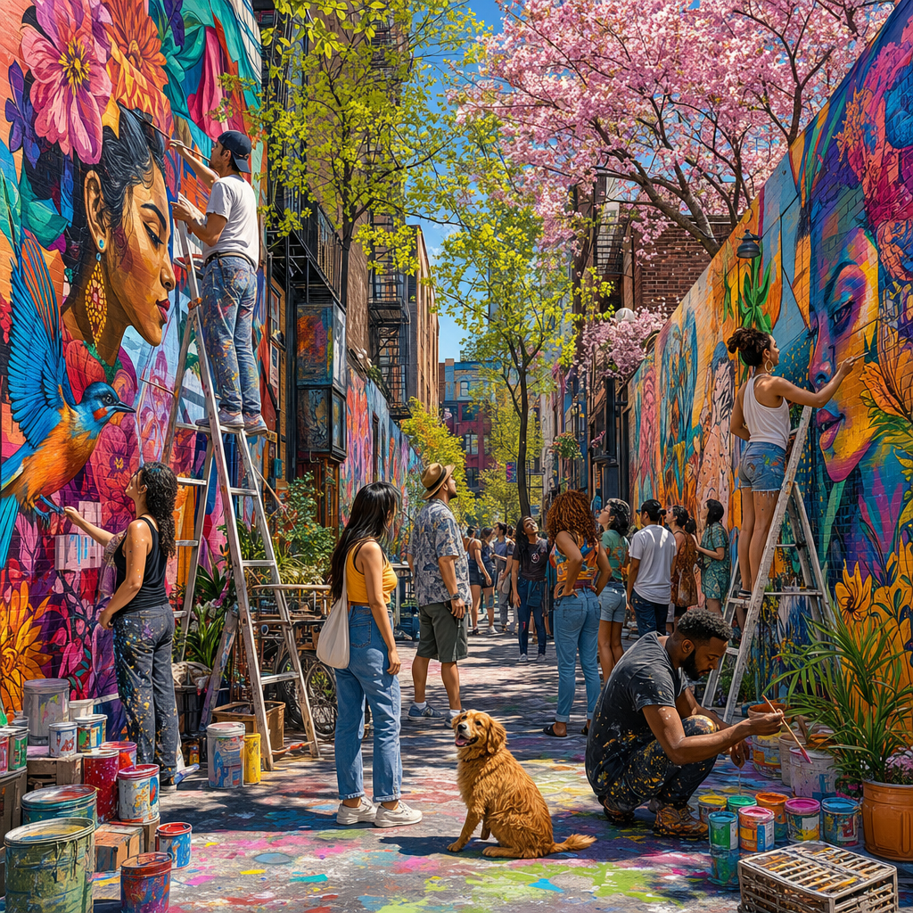Flat Illustration of An alley covered in vibrant murals, artists at work, ladders, paint cans and onlookers, in fresh spring light with blossoms and new green. Square 1:1 composition, edge-to-edge detail, no large uniform or empty areas, high local color contrast in every region -- image will be cut into a 5x5 grid puzzle.
