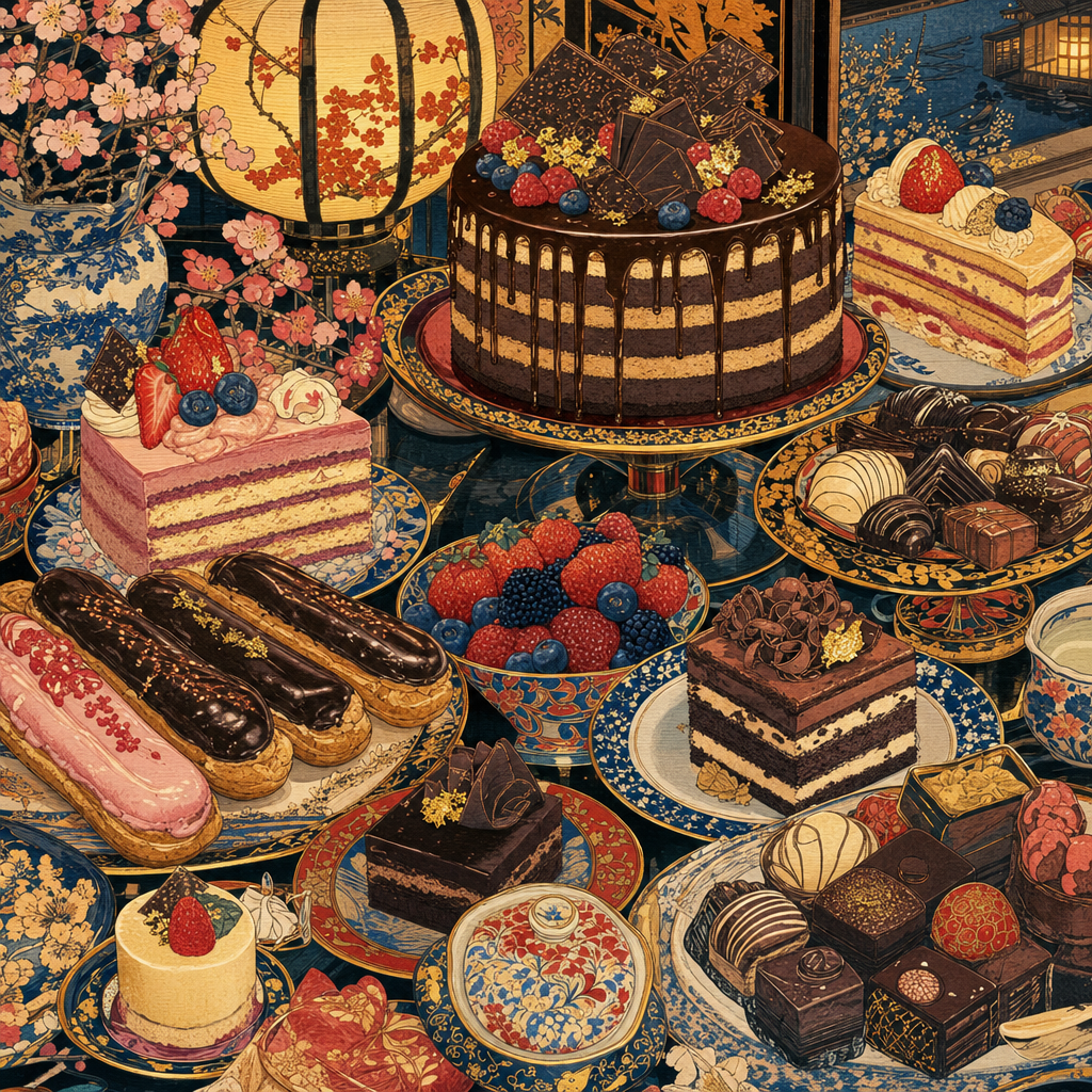 Ukiyo-e Woodblock of A table crowded with layered cakes, eclairs, berries, chocolate and gold-rimmed plates, glowing under warm lantern light. Square 1:1 composition, edge-to-edge detail, no large uniform or empty areas, high local color contrast in every region -- image will be cut into a 5x5 grid puzzle.