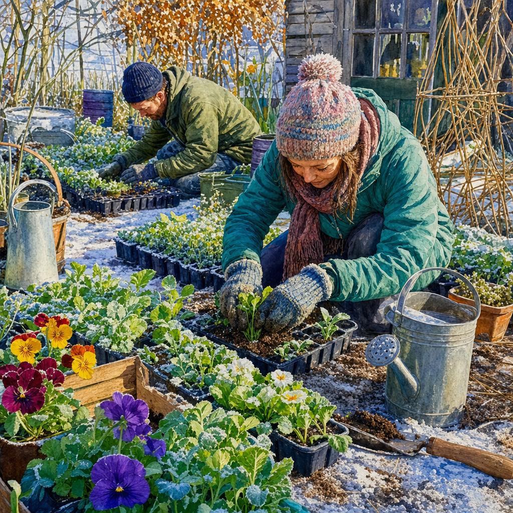 Watercolor of Gardeners planting seedlings among trays, tools, watering cans and first blooms, in clear winter light with cool shadows and frost details. Square 1:1 composition, edge-to-edge detail, no large uniform or empty areas, high local color contrast in every region -- image will be cut into a 5x5 grid puzzle.