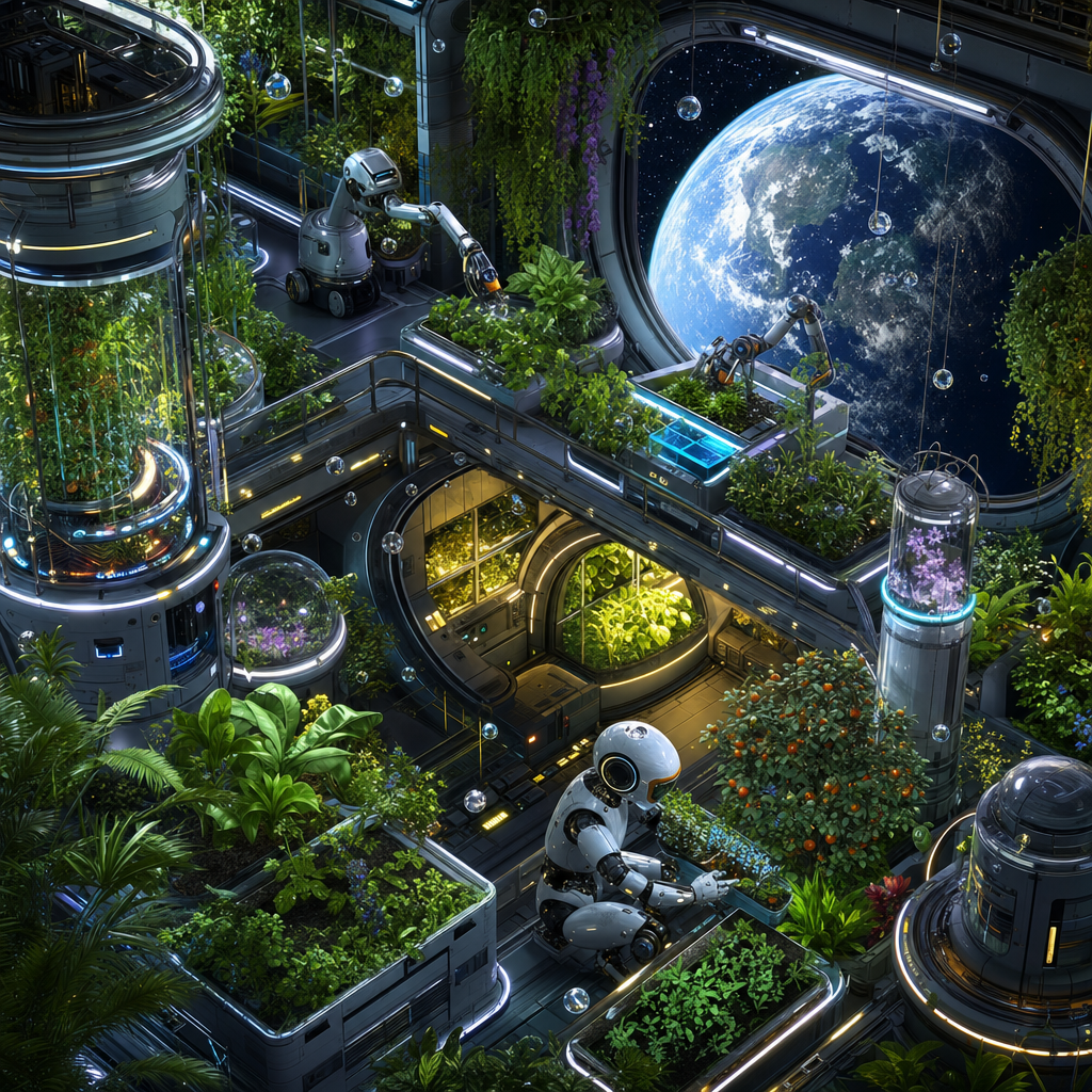 Isometric Diorama of A space station greenhouse with Earth in the window, floating droplets and robot gardeners, washed in silvery moonlight with glowing accents. Square 1:1 composition, edge-to-edge detail, no large uniform or empty areas, high local color contrast in every region -- image will be cut into a 5x5 grid puzzle.
