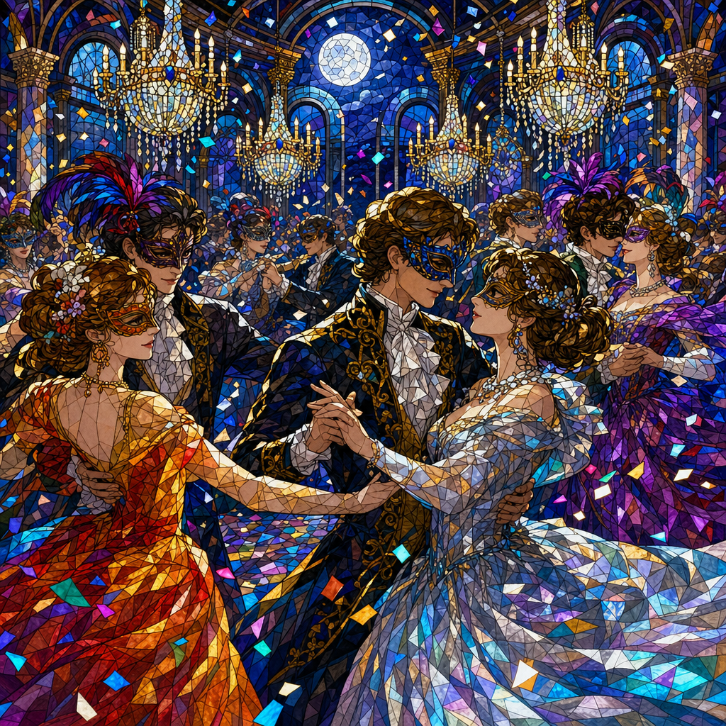 Stained Glass of A ballroom of dancers in ornate masks, chandeliers, confetti and swirling gowns, washed in silvery moonlight with glowing accents. Square 1:1 composition, edge-to-edge detail, no large uniform or empty areas, high local color contrast in every region -- image will be cut into a 5x5 grid puzzle.
