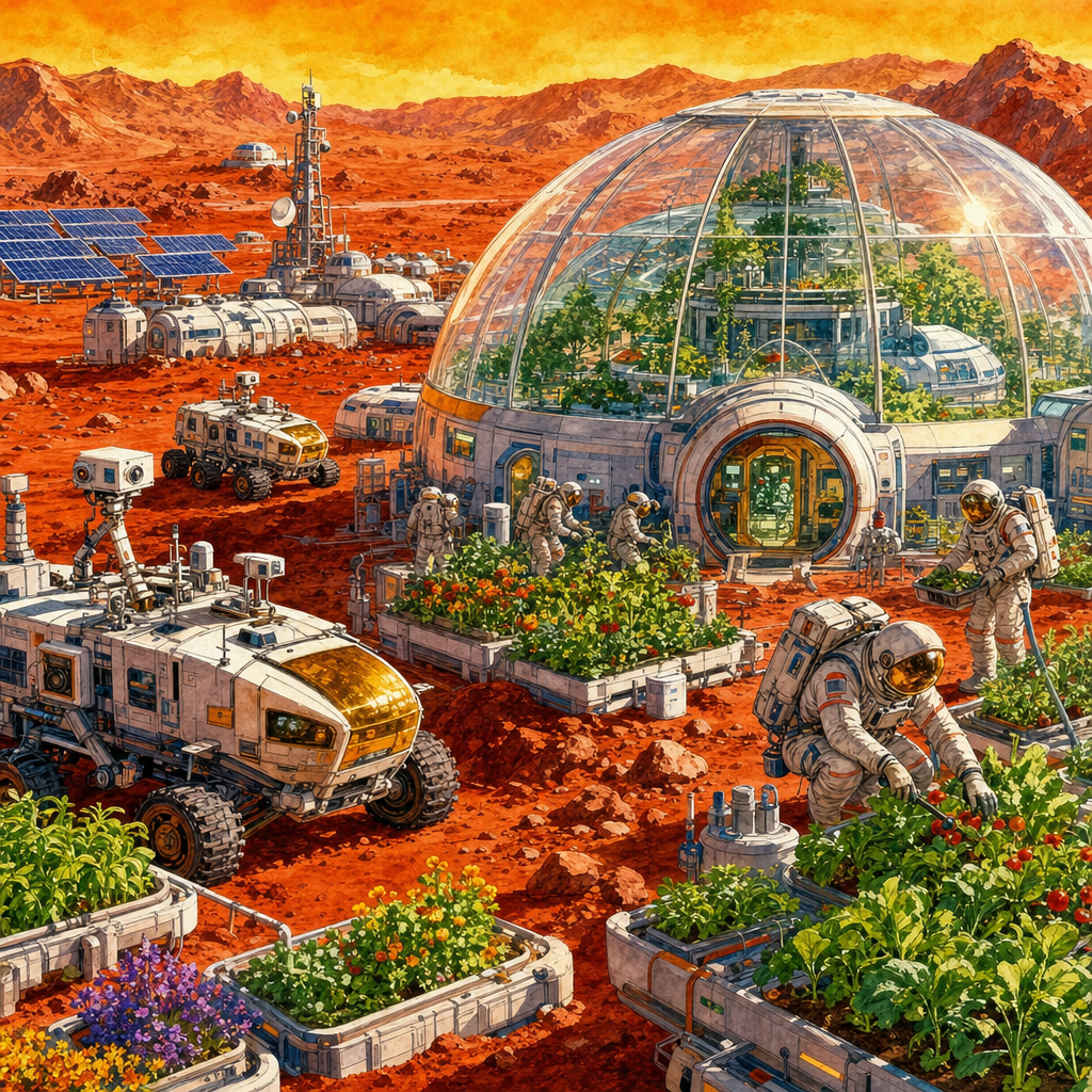 Watercolor of A domed Mars colony with rovers, red dunes, solar farms and astronauts gardening, flooded with warm slanting sunlight. Square 1:1 composition, edge-to-edge detail, no large uniform or empty areas, high local color contrast in every region -- image will be cut into a 5x5 grid puzzle.