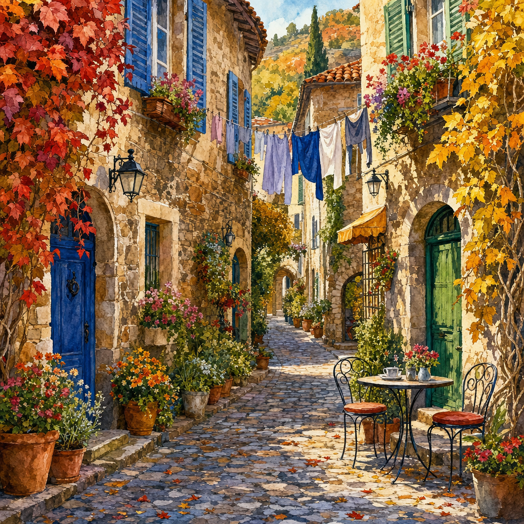 Watercolor of A cobblestone alley with flower boxes, hanging laundry, cafe tables and painted shutters, in crisp autumn light with warm foliage accents. Square 1:1 composition, edge-to-edge detail, no large uniform or empty areas, high local color contrast in every region -- image will be cut into a 5x5 grid puzzle.