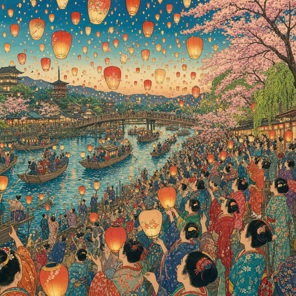 Ukiyo-e Woodblock of Hundreds of paper lanterns rising over a river with boats and celebrating crowds, in fresh spring light with blossoms and new green. Square 1:1 composition, edge-to-edge detail, no large uniform or empty areas, high local color contrast in every region -- image will be cut into a 5x5 grid puzzle.